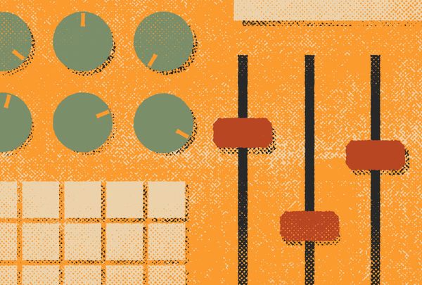 A control panel with dials, buttons, and faders. It's meant to represent the controls behind a design.