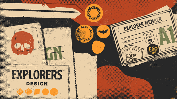 A black table with papers on it. An Explorers Design membership card, coins, a sword, and pools of blood.