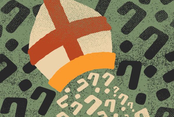 A mitre hat, the kind you might see on a bishop or modern pope, with a bunch of question marks spilling out of it.