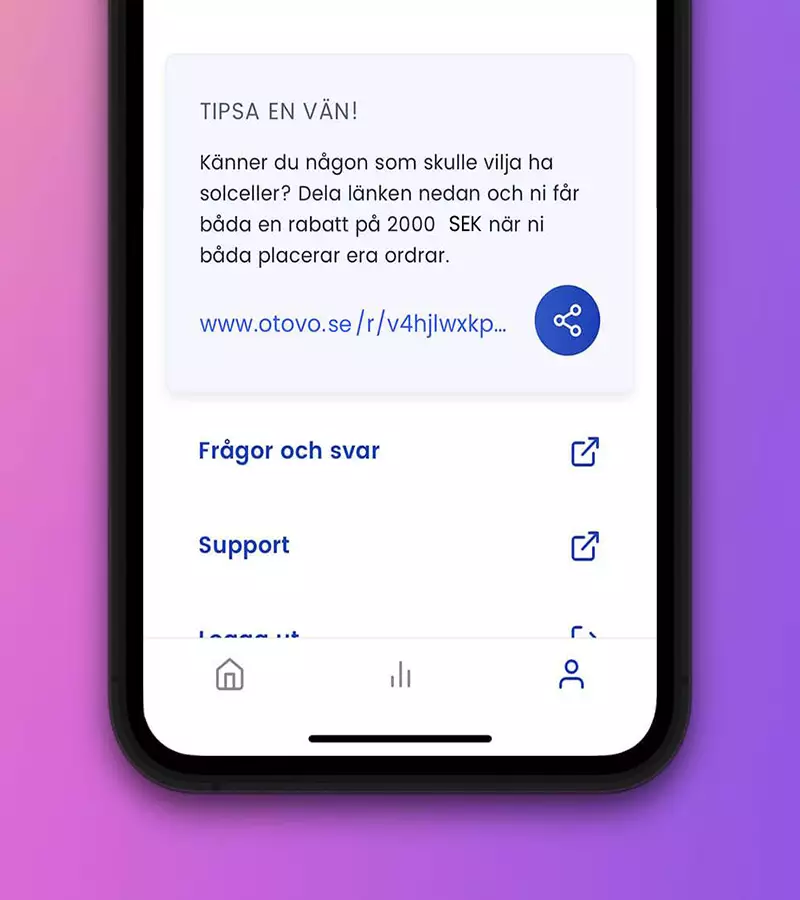 Via Otovo-appen kan du få rabatt när du delar en länk till någon som också installerar solceller