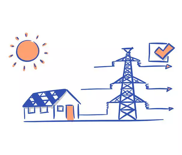 Tecknad bild, hus med solpaneler kopplat till elnätet