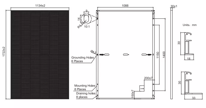 Dimensioner på JAM54S30 från JA Solar