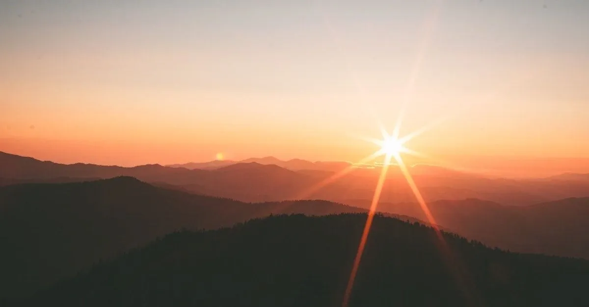 Sol som lyser över kuperat skogslandskap.