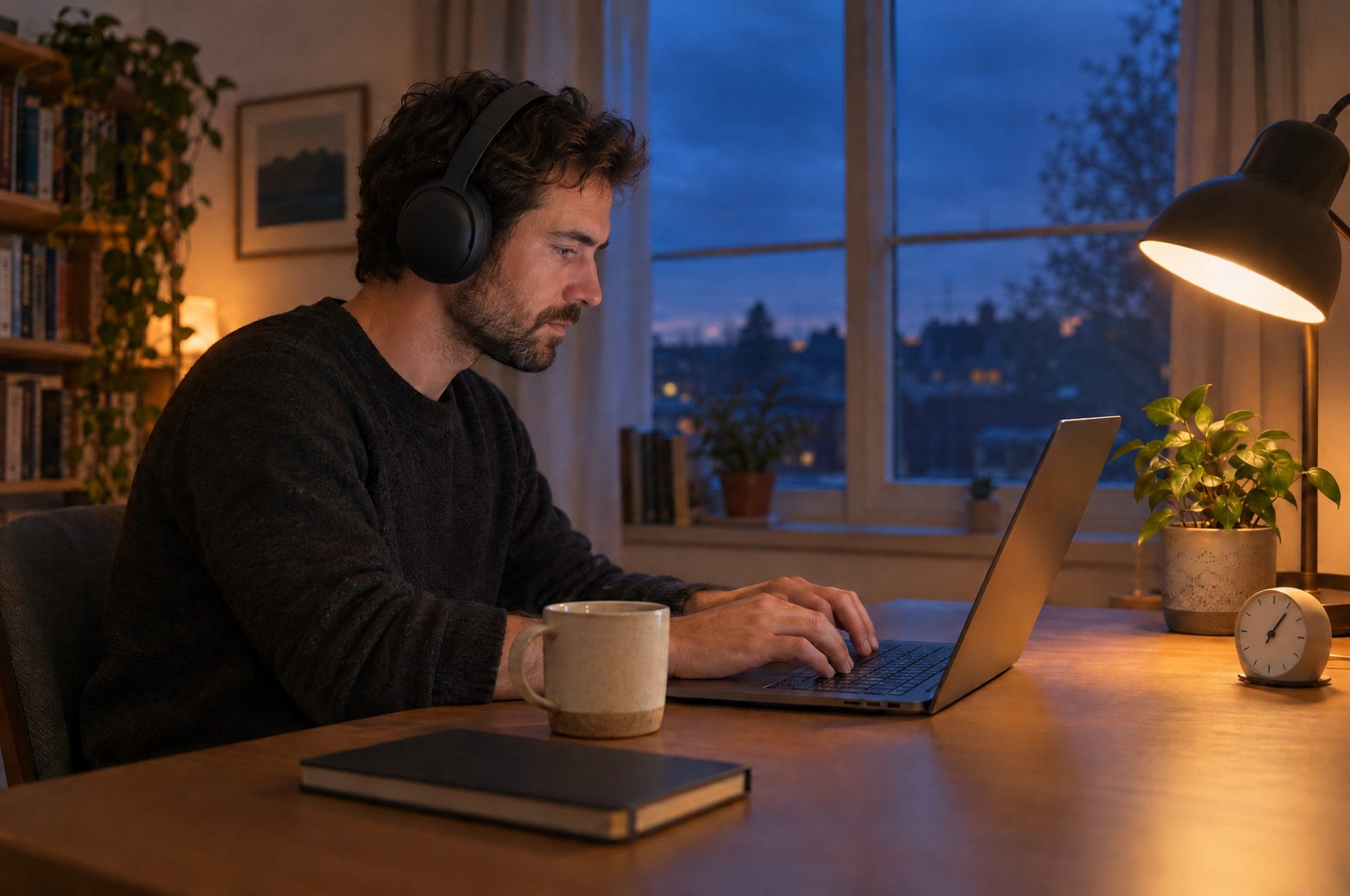 A man wearing black over-ear headphones types on a laptop at a lamp-lit desk in the evening, with a mug, a notebook, a plant and a small clock beside him.