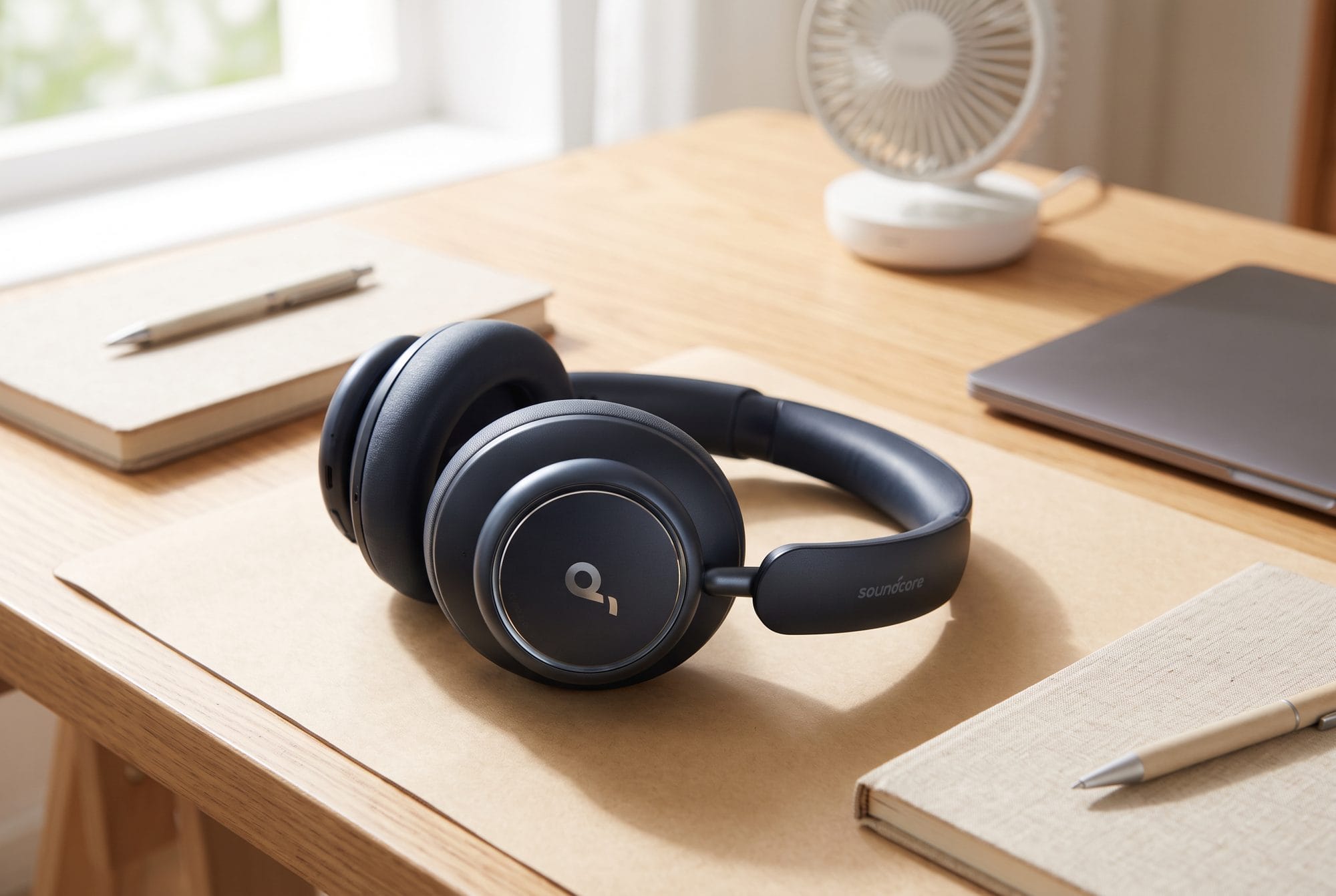 AI-generated image of black Soundcore Space Q45 headphones on a light wooden desk next to a small desk fan, notebooks and a laptop.