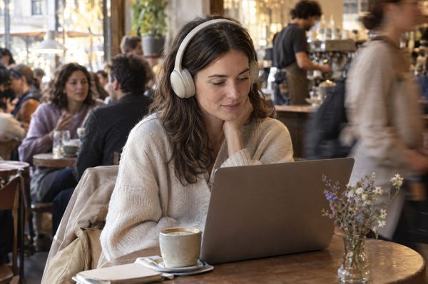 A woman wearing plain cream over-ear headphones smiles at her laptop in a busy café while people talk and move around her.