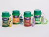 Four green-capped bottles of cheese are shown against a white background, with bead charms. All bottles say 'Pocket Parm' on the front in white letters with a green, orange or red background.