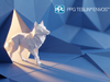 The image shows a 3D white wolf shape made out of folded triangles. The background is dark blue and made of triangle shapes. Yellow light is coming through an opening behind the wolf. 