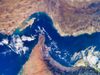 An aerial view of the Strait of Hormuz