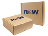 Two brown boxes against a white background. One is laying flat, one standing upright. Both have the 'RAW' logo printed on…