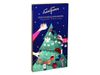 A paperboard advent calendar. It is dark blue, with illustrated hands hanging baubles and lights on a Christmas tree. The…