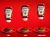 New Heinz Love Lid dispenser, with three bottle of ketchup on a red background, each bottle dispensing a different amount…