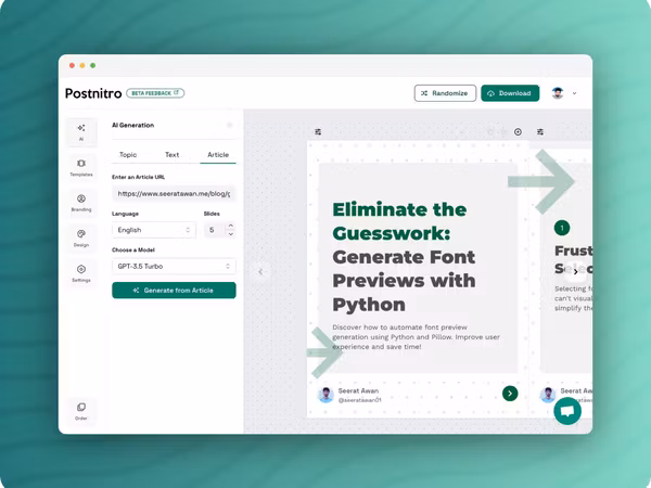 Postnitro — AI інструмент для створення каруселей для соціальних мереж Основне зображення