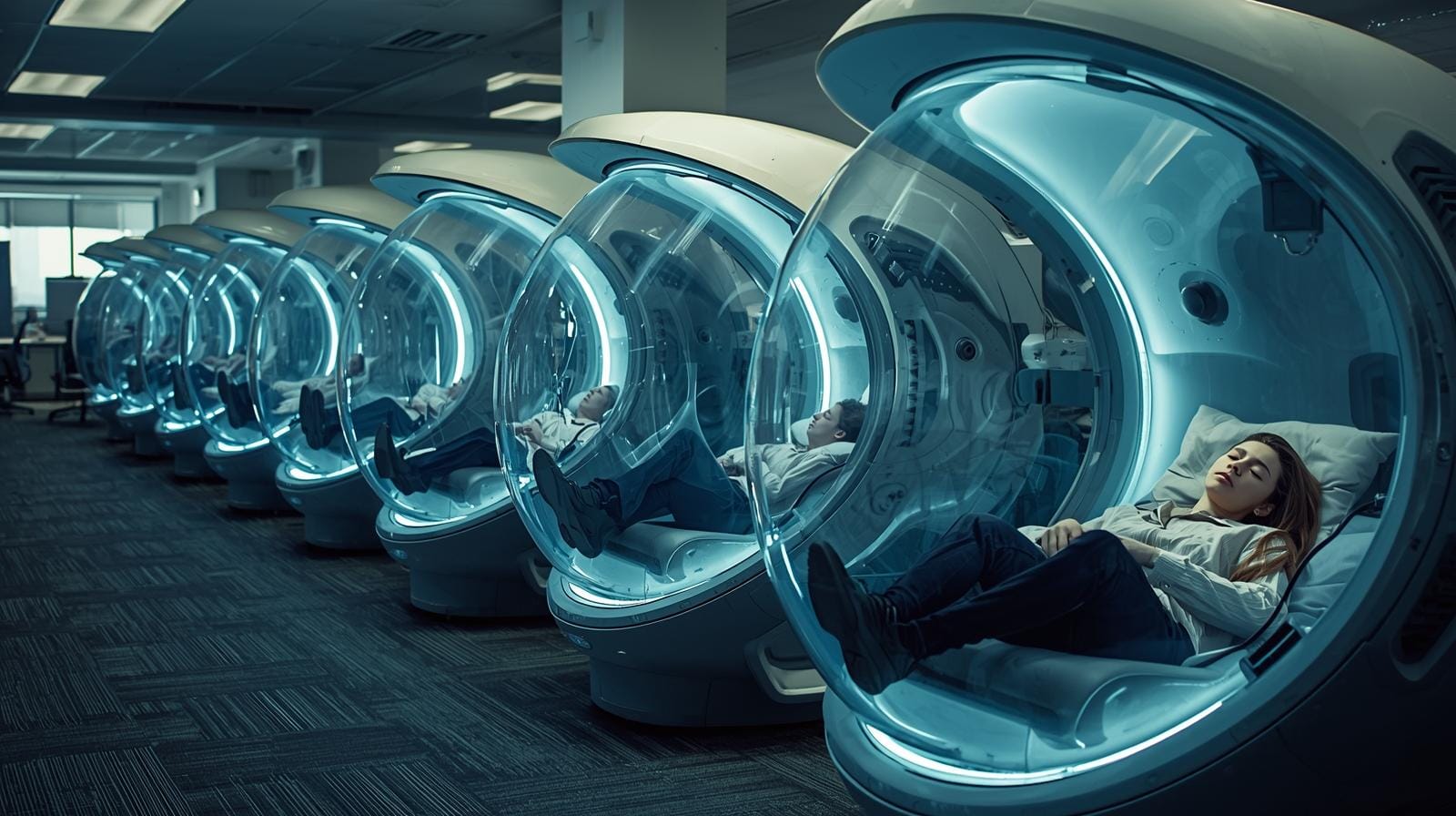 Office workers resting inside futuristic glass sleep pods lined up in a modern workplace.