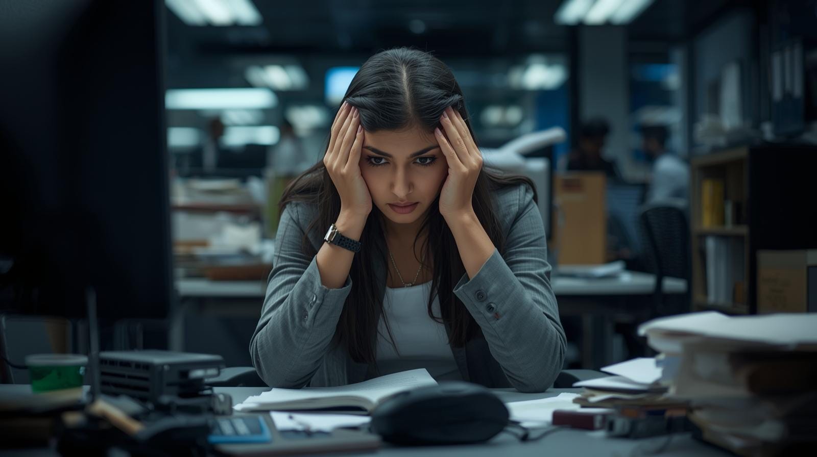 A stressed office worker sitting at her desk with hands on her head, surrounded by paperwork and screens, reflecting workplace pressure as organisations move from 2025 into 2026.