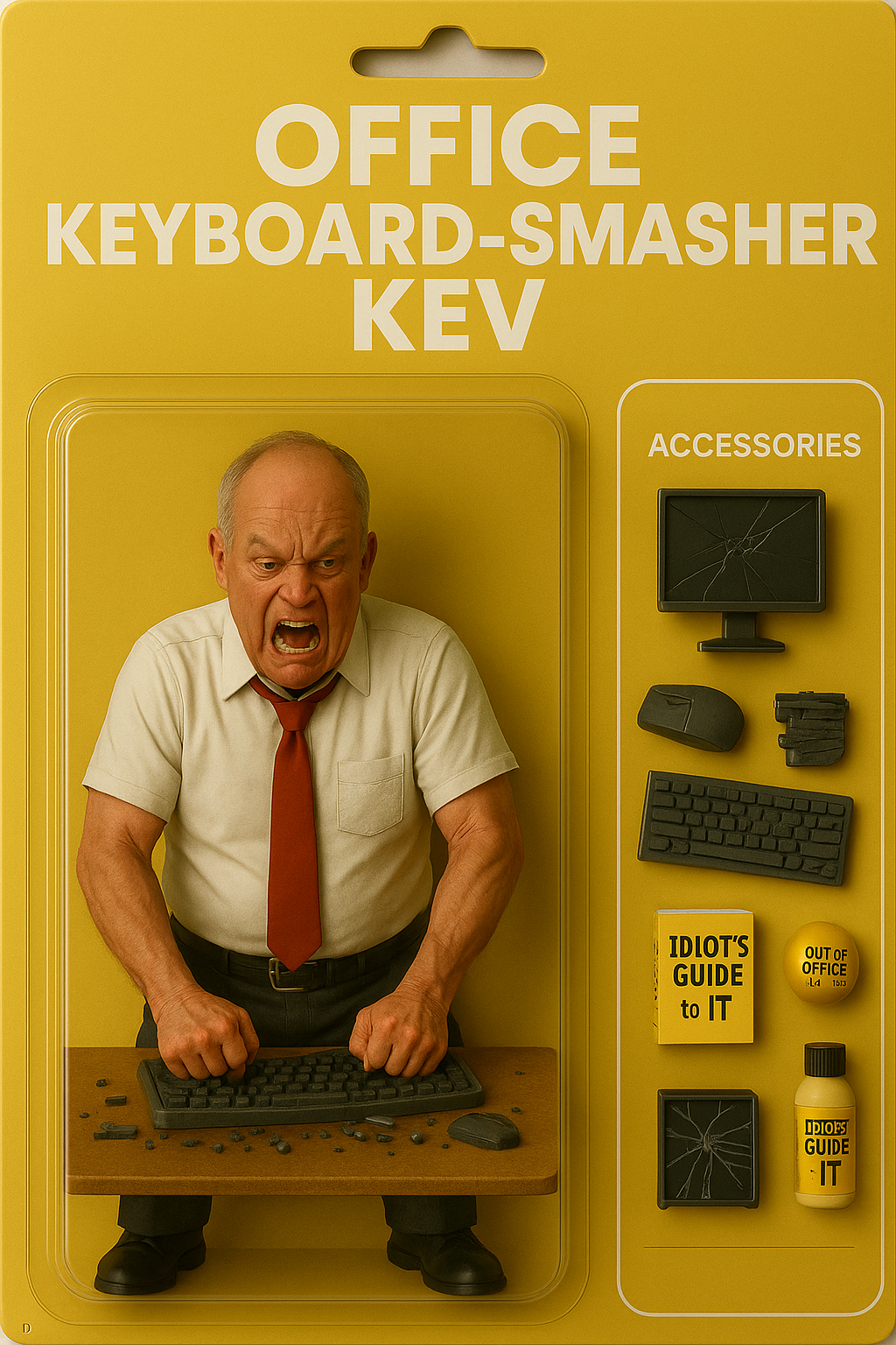 Action figure of Office Keyboard-Smasher Kev smashing a keyboard with accessories including broken tech and IT-themed props