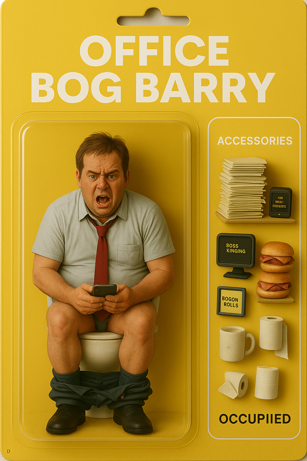 Action figure of Office Bog Barry sitting on a toilet inside yellow packaging with accessories like toilet rolls, bacon rolls, a mug, and office signs