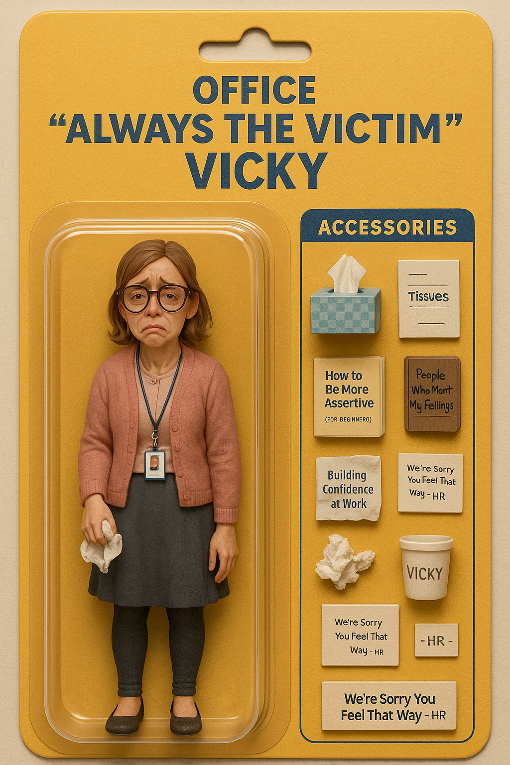 ction-figure style packaging of “Always the Victim Vicky,” a sad office worker holding tissues with accessories referencing her constant complaints.