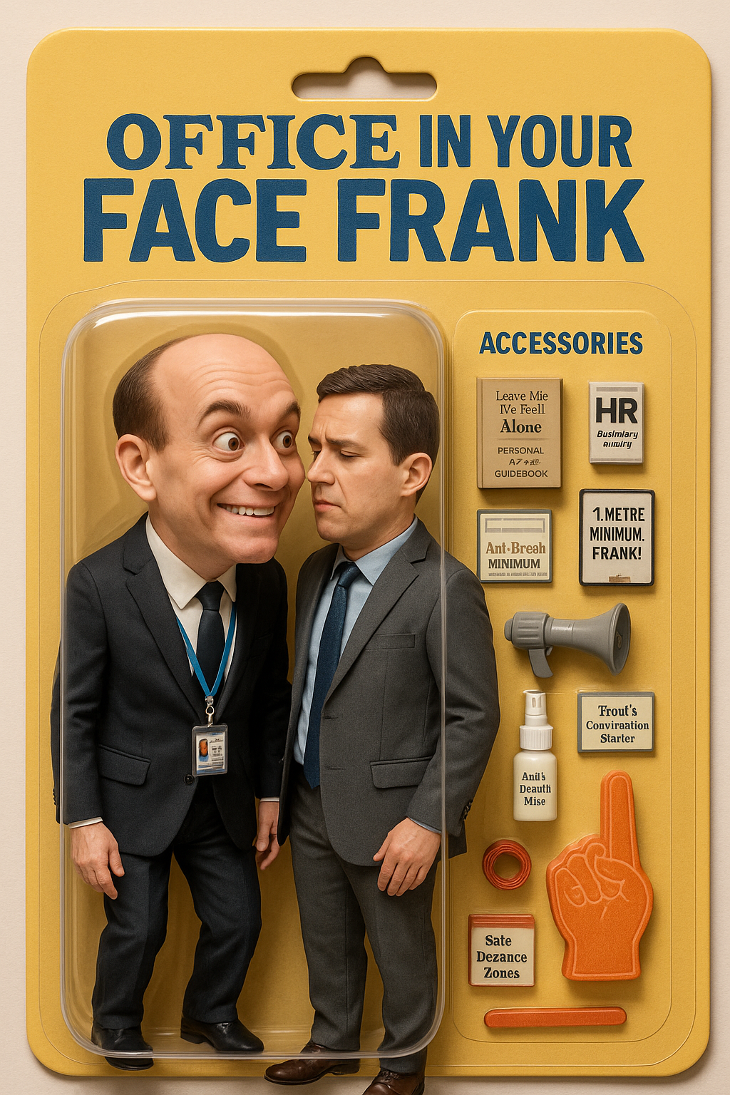 Action figure of “In-Your-Face Frank” standing too close to a coworker in office-themed packaging.
