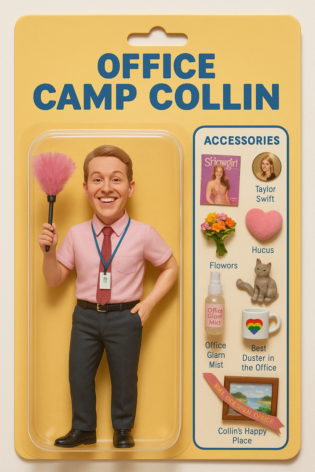 Action-figure style character of Office Camp Colin holding a pink fluffy duster with accessories like flowers, a mug, and “Office Glam Mist.”