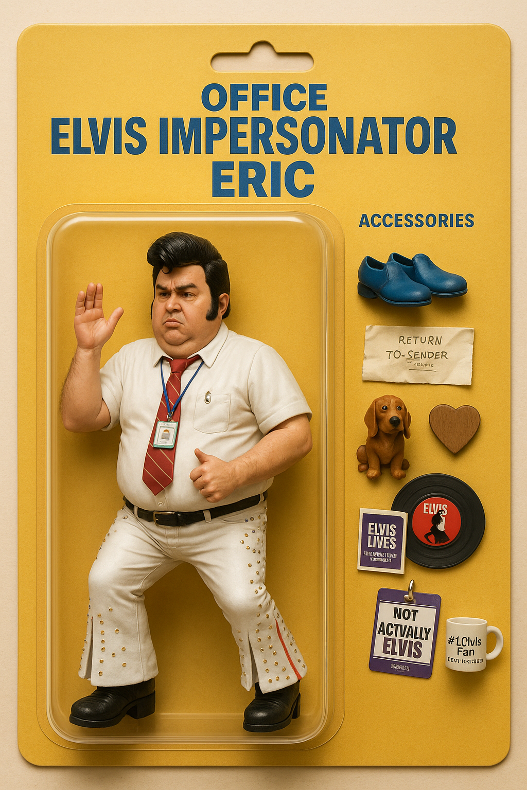 Action-figure style packaging of Office Elvis Impersonator Eric with Elvis-themed accessories.