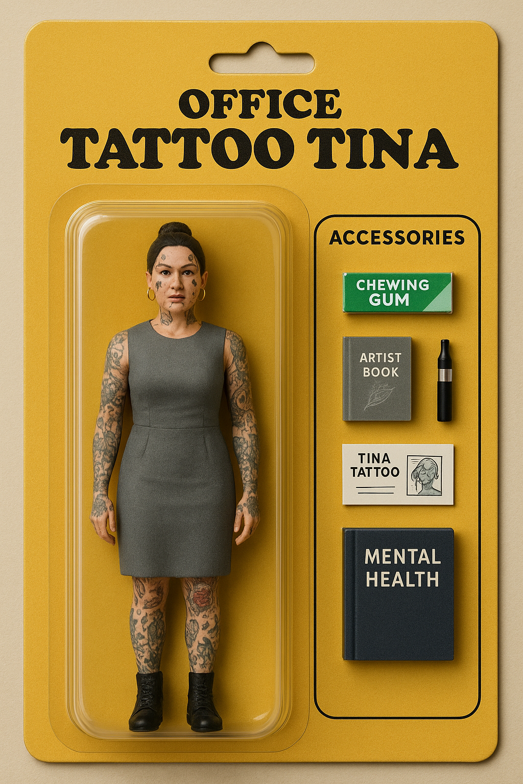 attooed office worker action figure in yellow packaging.