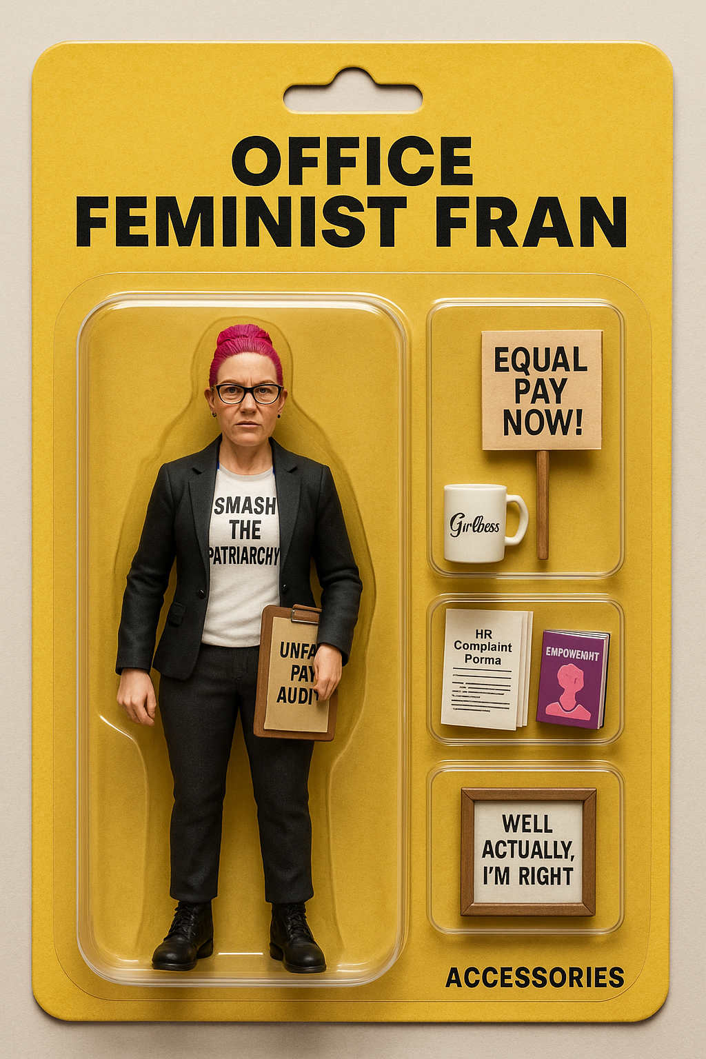 Action-figure packaging of “Office Feminist Fran,” a pink-haired office worker with protest signs, HR forms, and empowerment accessories.