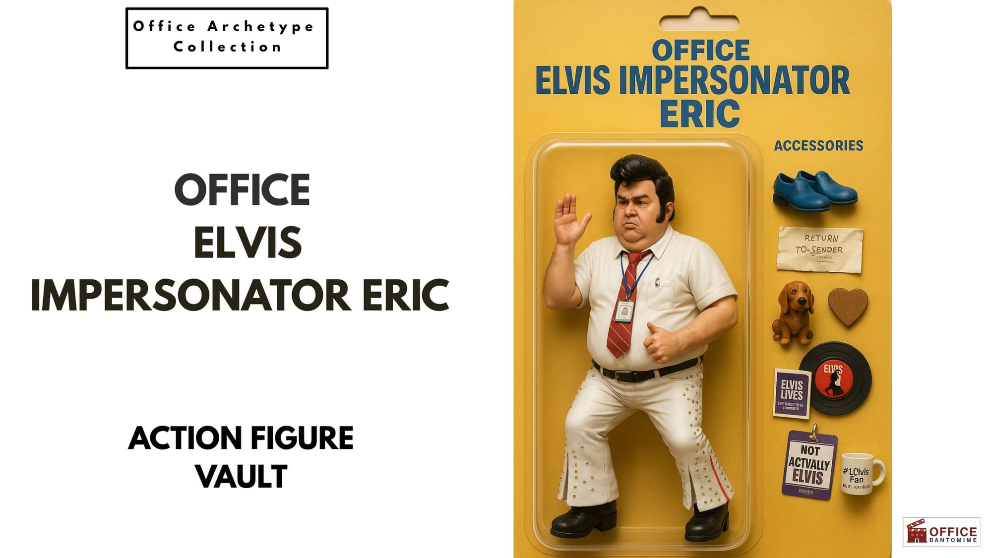 Action-figure style packaging of Office Elvis Impersonator Eric with Elvis-themed accessories.