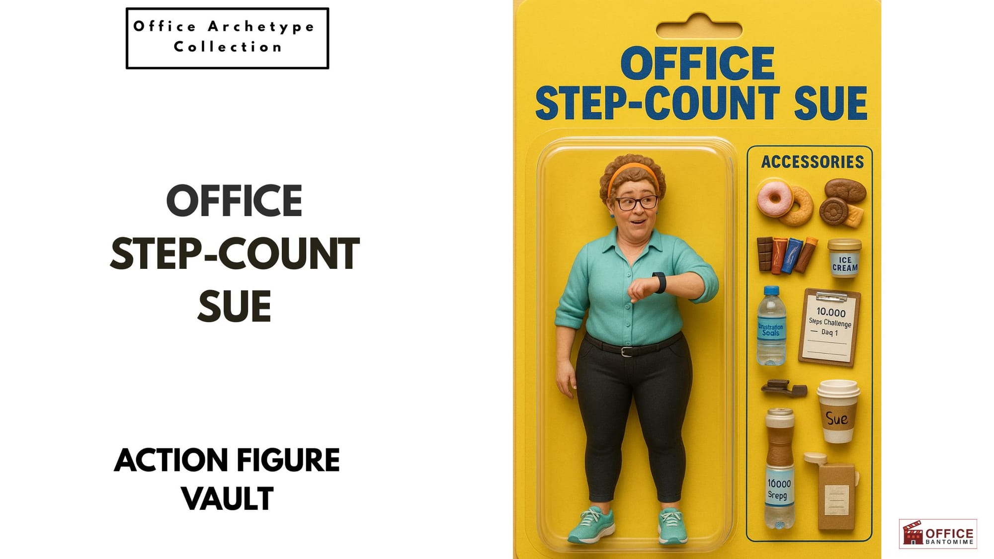 Office Step-Count Sue action figure in yellow packaging with accessories like snacks, water bottle, coffee cup, and step tracker.”