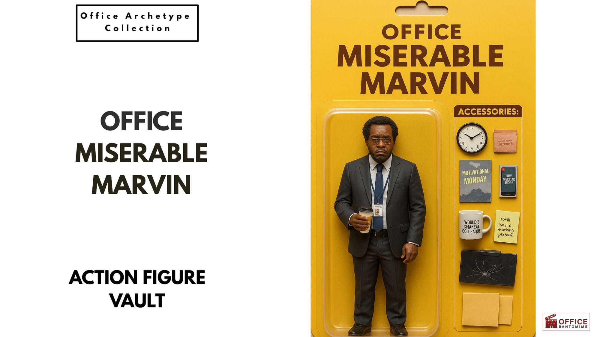 Action figure of Office Miserable Marvin holding coffee, looking unhappy, with office-themed accessories on yellow packaging.