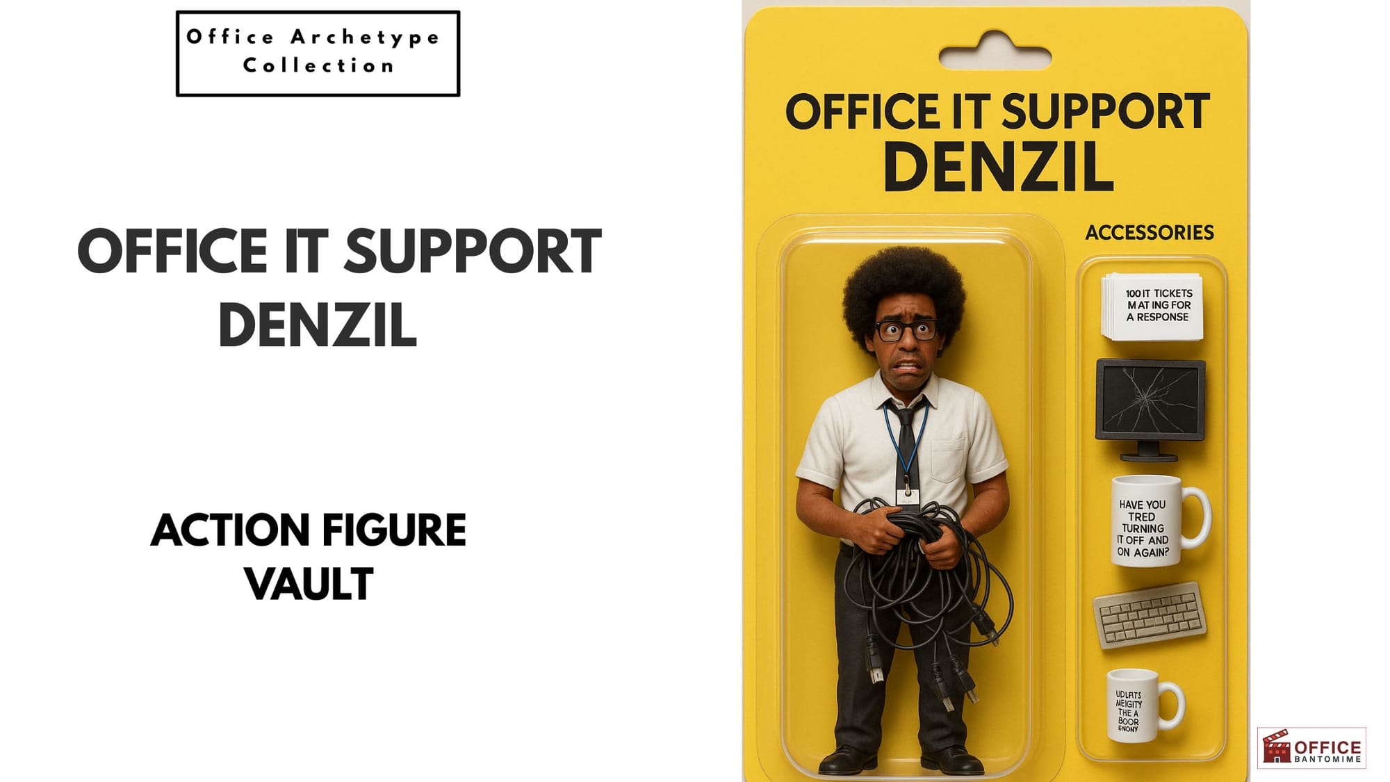 Action-figure of stressed IT worker Denzil holding tangled cables with broken monitor and mugs as accessories.