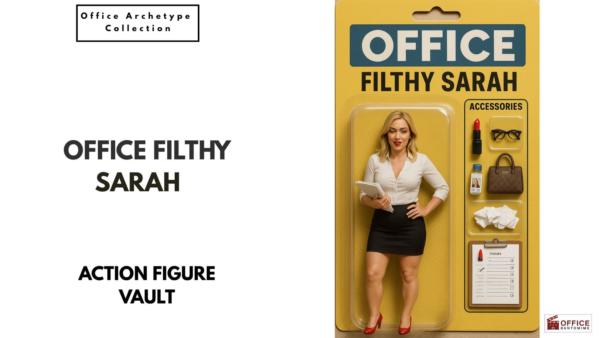 Figure of “Office Filthy Sarah” in office attire with lipstick, glasses, tissues, and clipboard accessories.