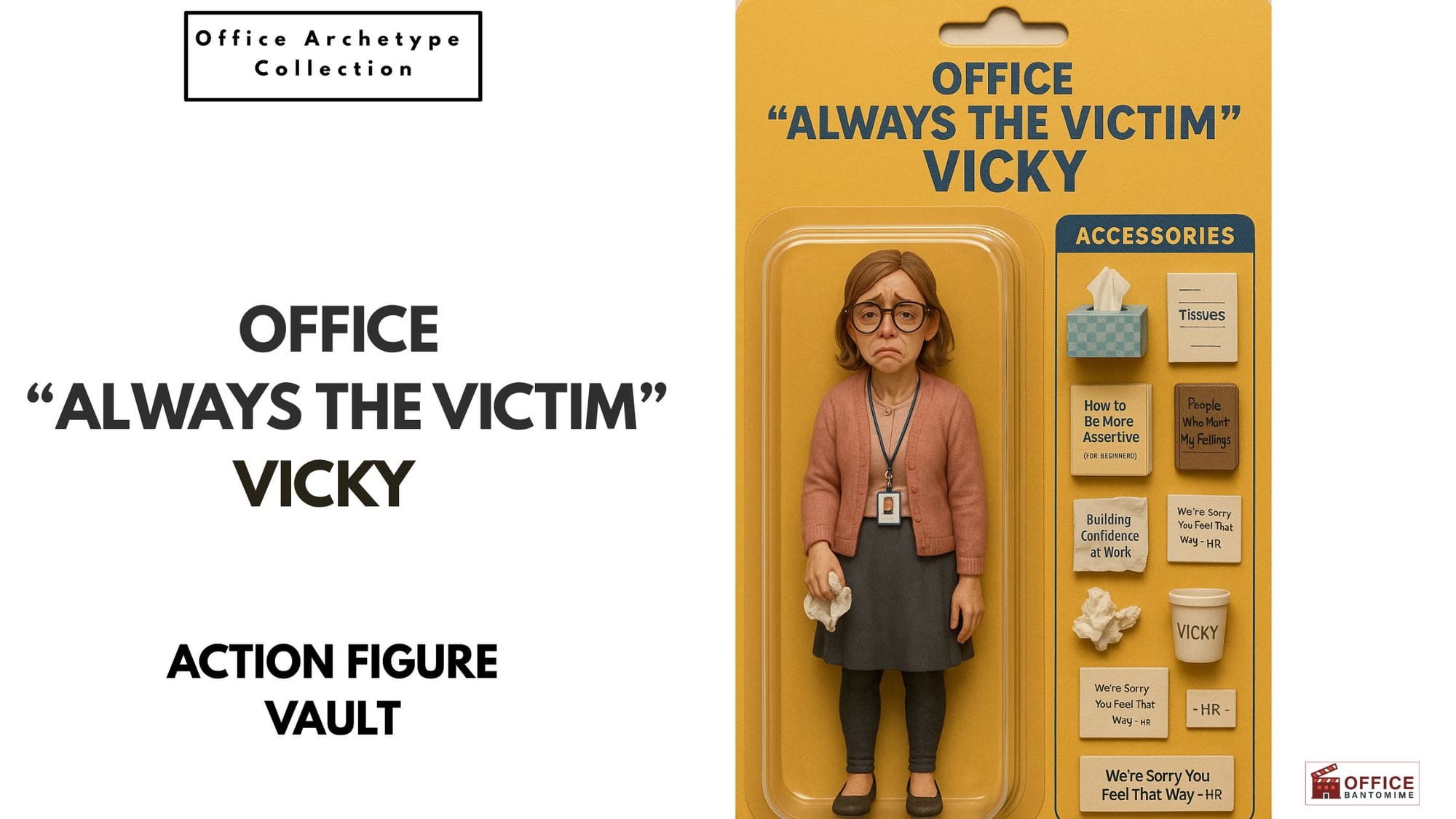 ction-figure style packaging of “Always the Victim Vicky,” a sad office worker holding tissues with accessories referencing her constant complaints.