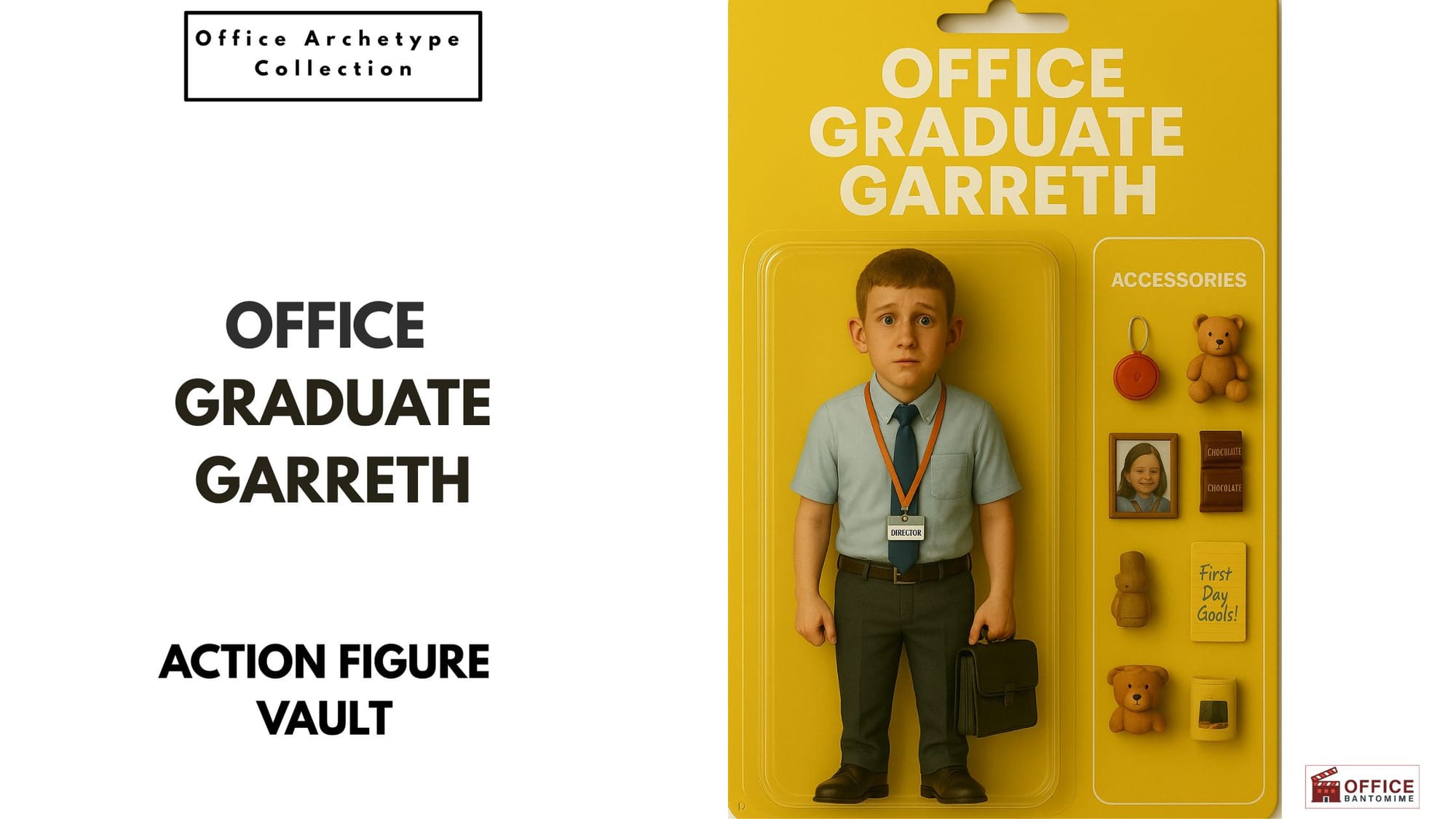 “Office Graduate Garreth action-figure-style character looking nervous in corporate attire, surrounded by cute workplace-themed accessories.”