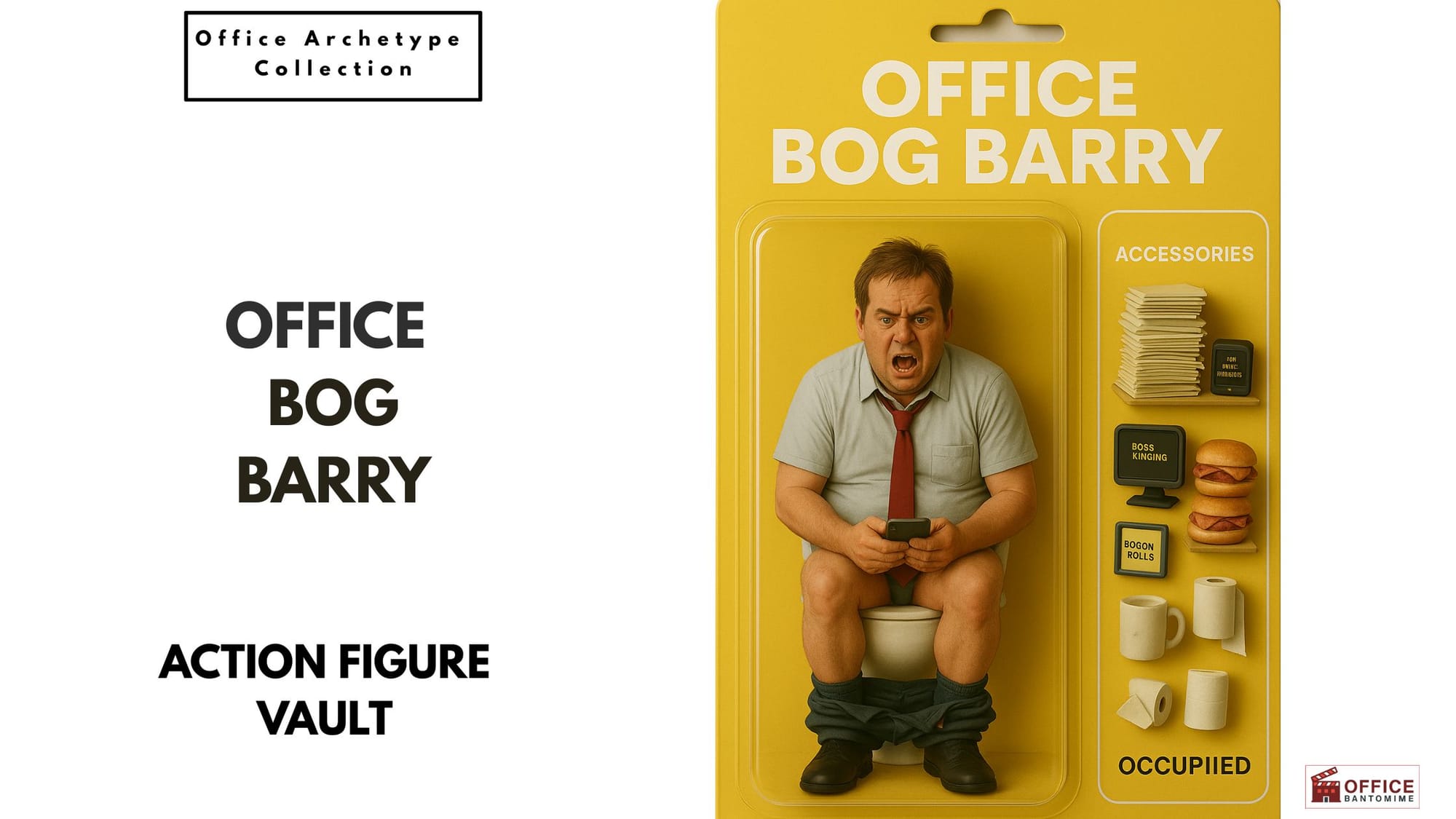 Action figure of Office Bog Barry sitting on a toilet inside yellow packaging with accessories like toilet rolls, bacon rolls, a mug, and office signs