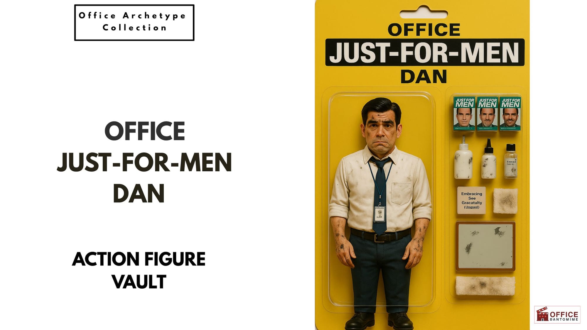 Action-figure-style image of “Just-For-Men Dan,” a stressed office worker with hair dye accessories.