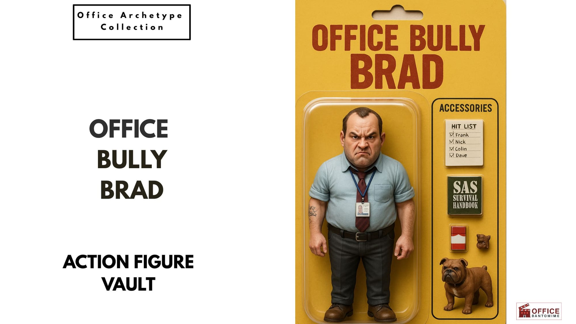 Office Bully Brad action-figure packaging with a grumpy office worker and accessories.