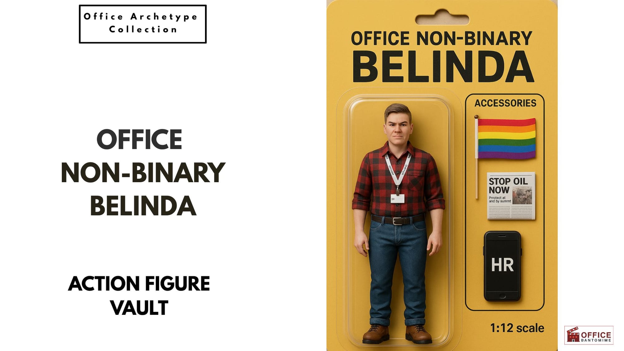 Office Non-Binary Belinda action figure with rainbow flag, protest sign and HR phone, 1:12 scale