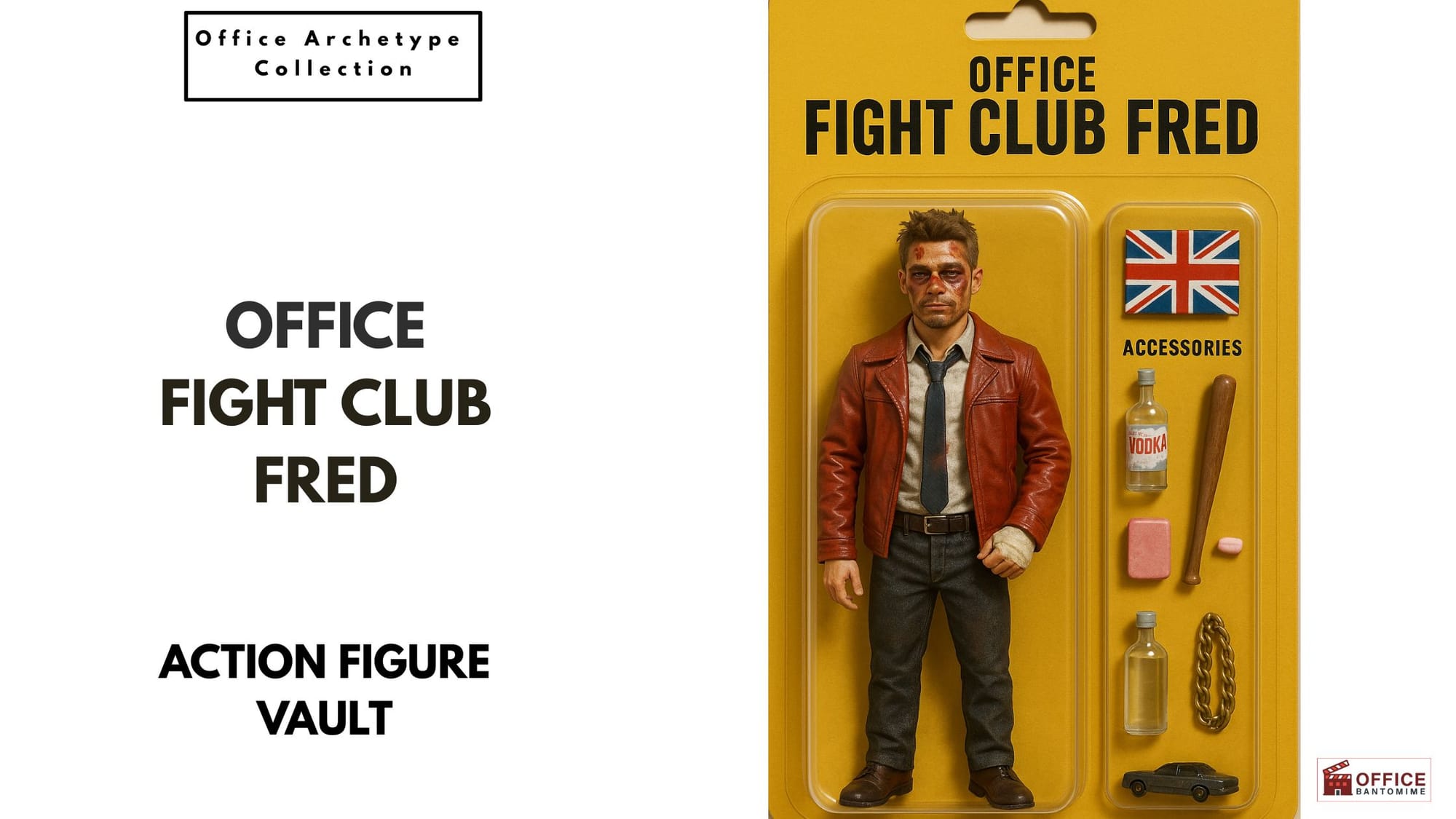 “Action figure of Fight Club Fred with bruised face, red leather jacket, office accessories, and UK flag packaging in a retro toy style.”
