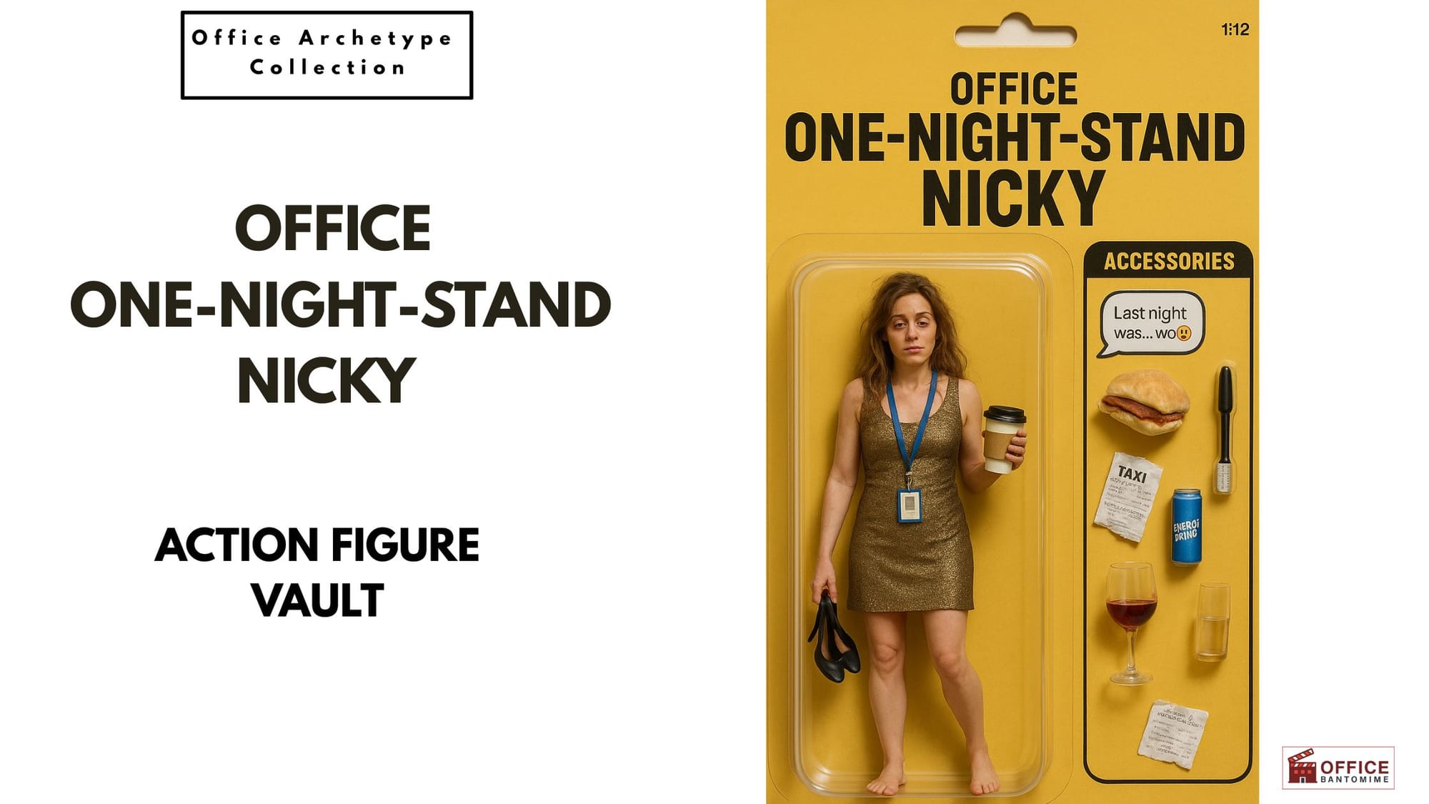 A funny office action-figure design of “Office One-Night-Stand Nicky” looking hungover in a gold dress with accessories including coffee, wine, receipts and a messy morning-after vibe.
