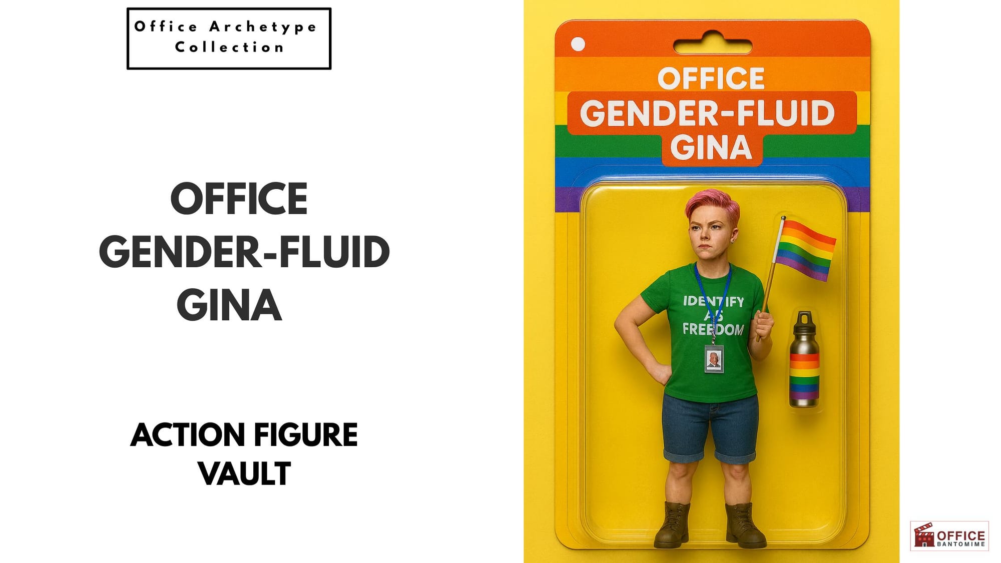 Action figure of Gender-Fluid Gina holding a rainbow flag in rainbow-themed packaging.