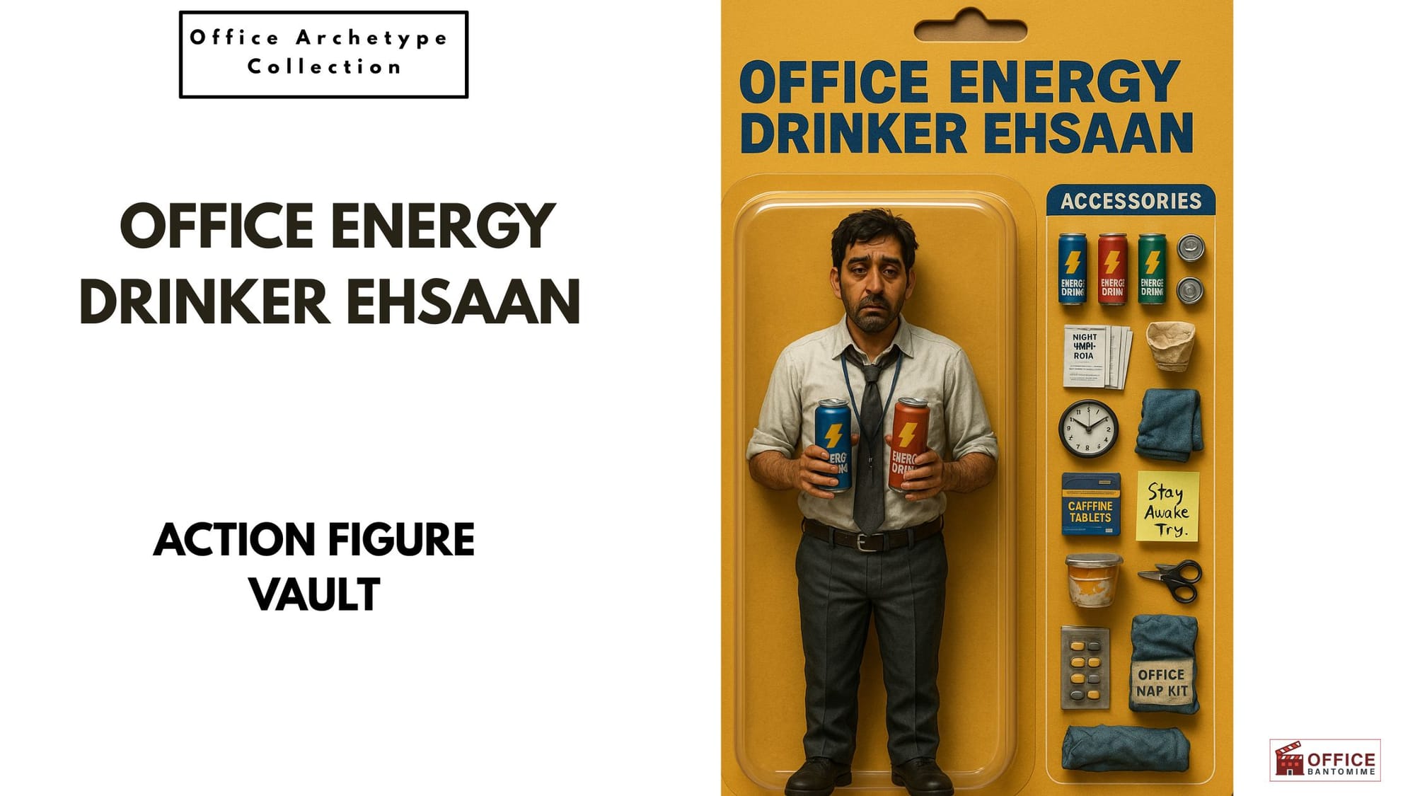 Action-figure packaging of Office Energy Drinker Ehsaan holding energy drinks, surrounded by caffeine-filled accessories, looking exhausted from endless night shifts.