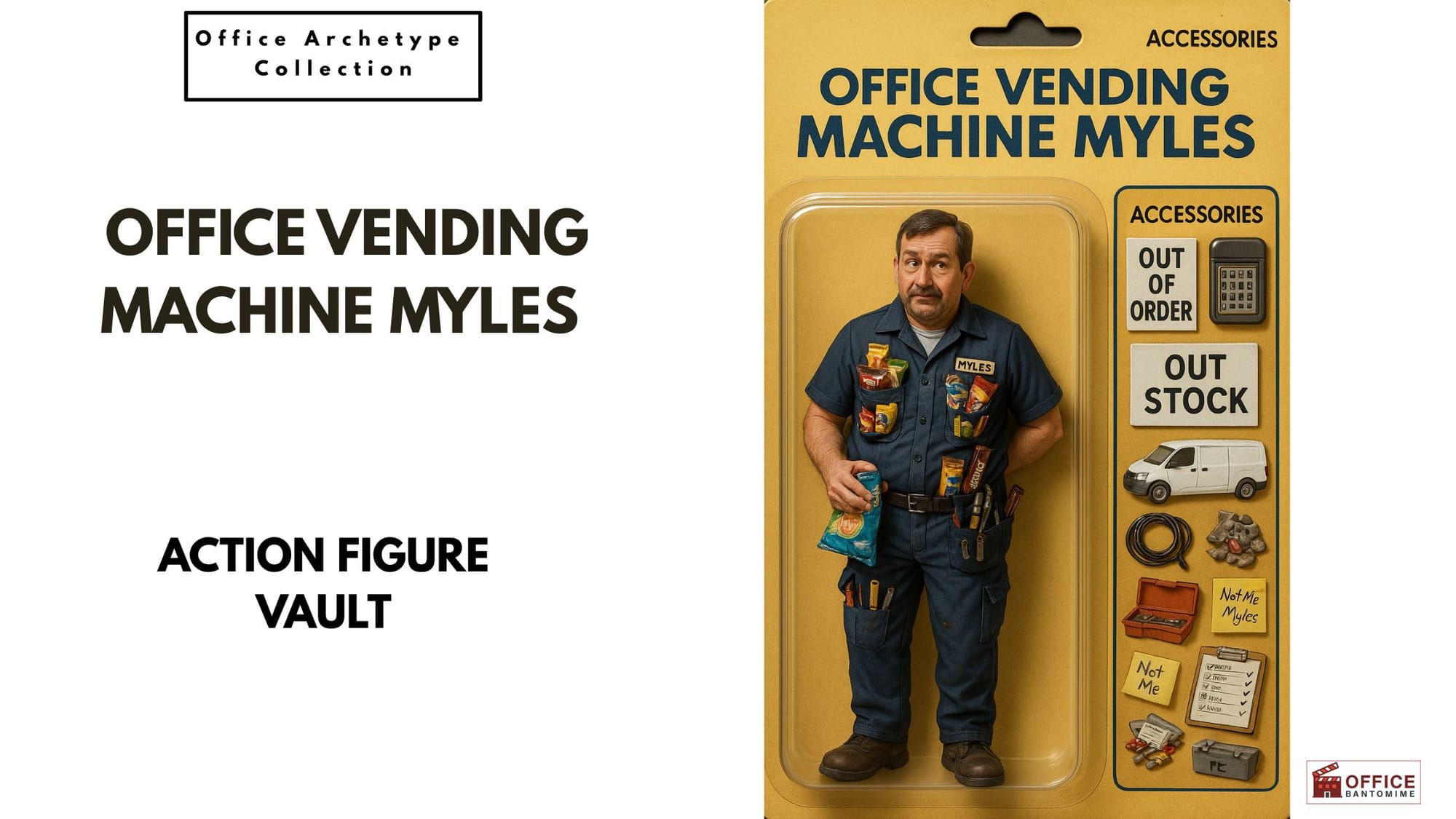 Office Vending Machine Myles action figure with snacks, tools, and out-of-order signs.