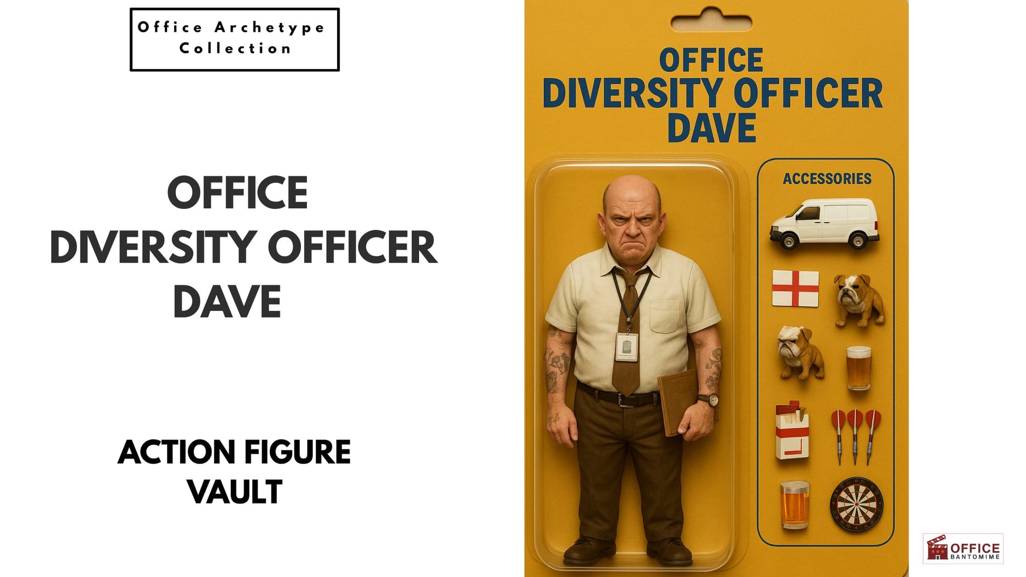 Action figure of Office Diversity Officer Dave with accessories — bulldog, darts, van and pint.