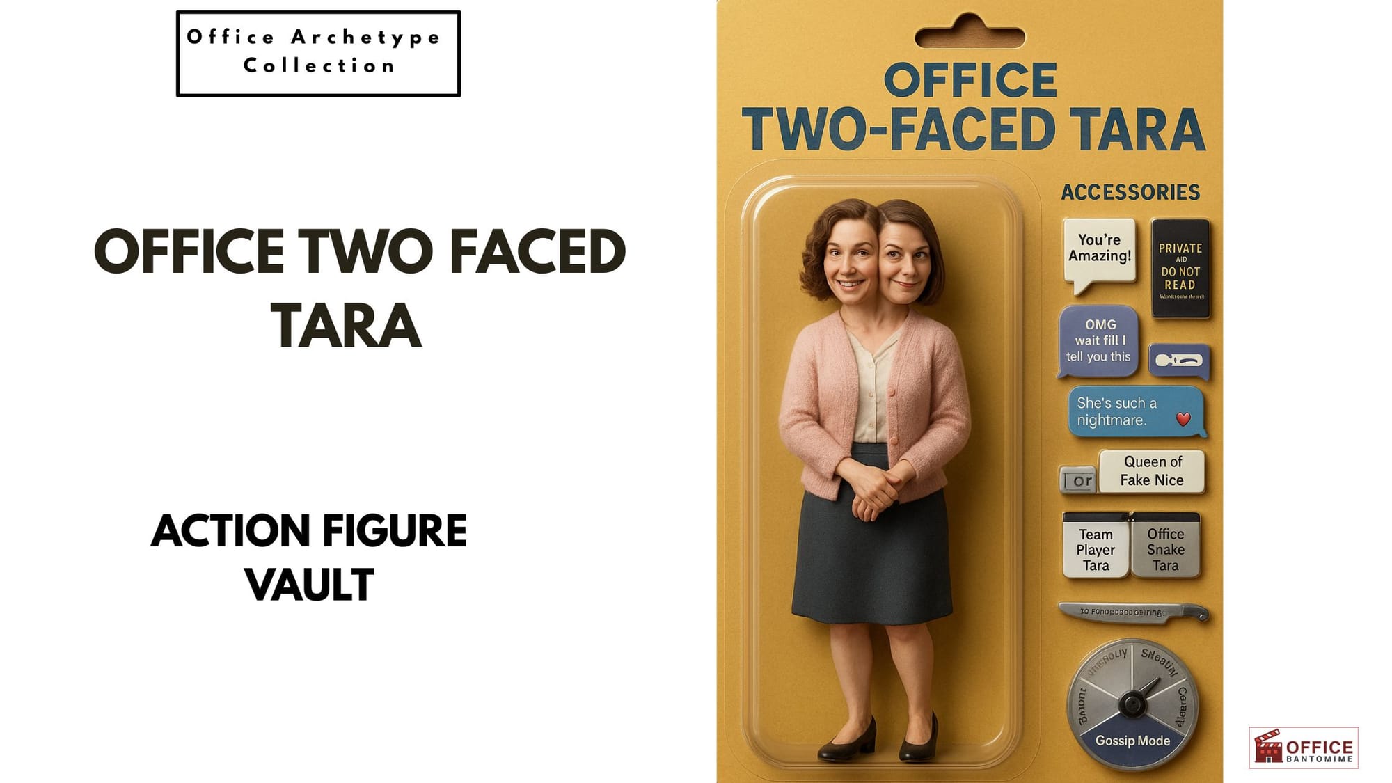 Action figure of Two-Faced Tara, a two-headed office worker with gossip accessories.