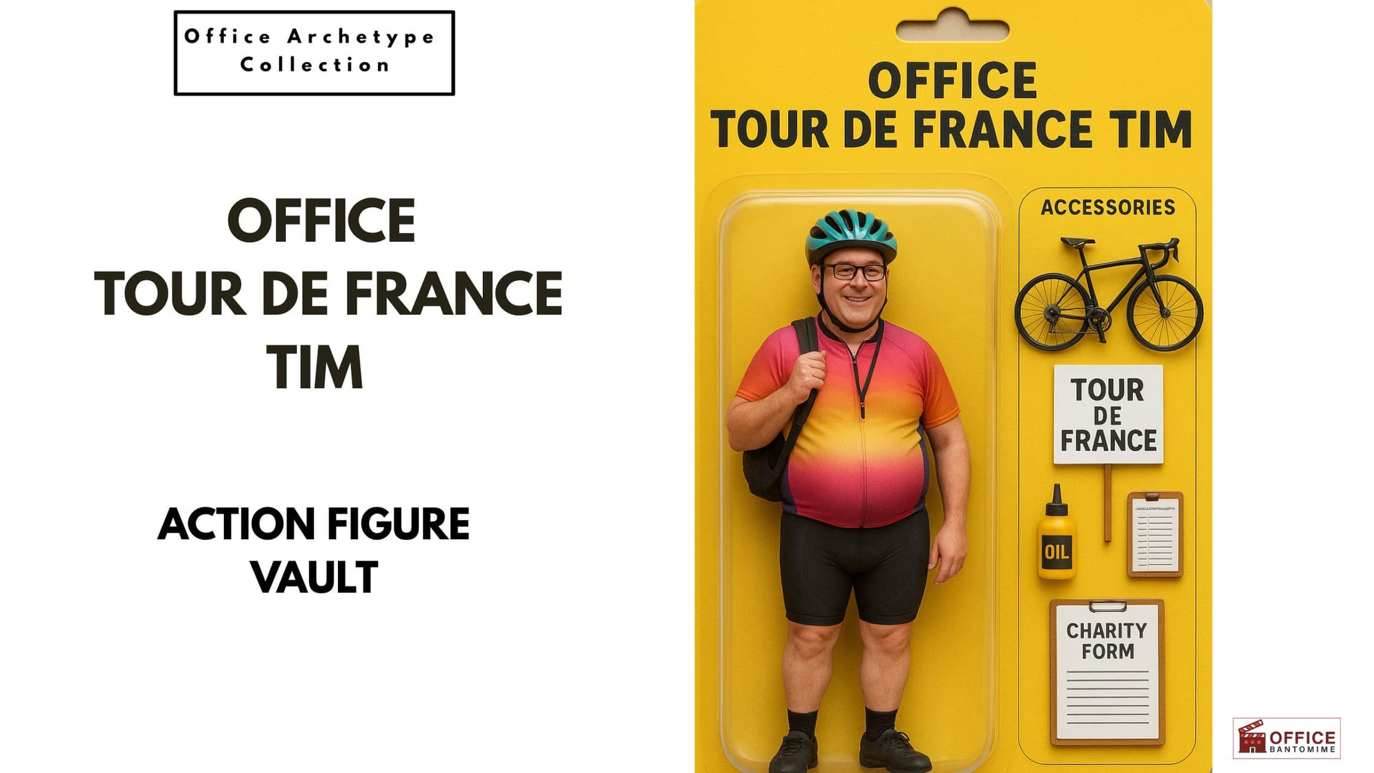 Action figure of Office Tour de France Tim in cycling gear with bike accessories.