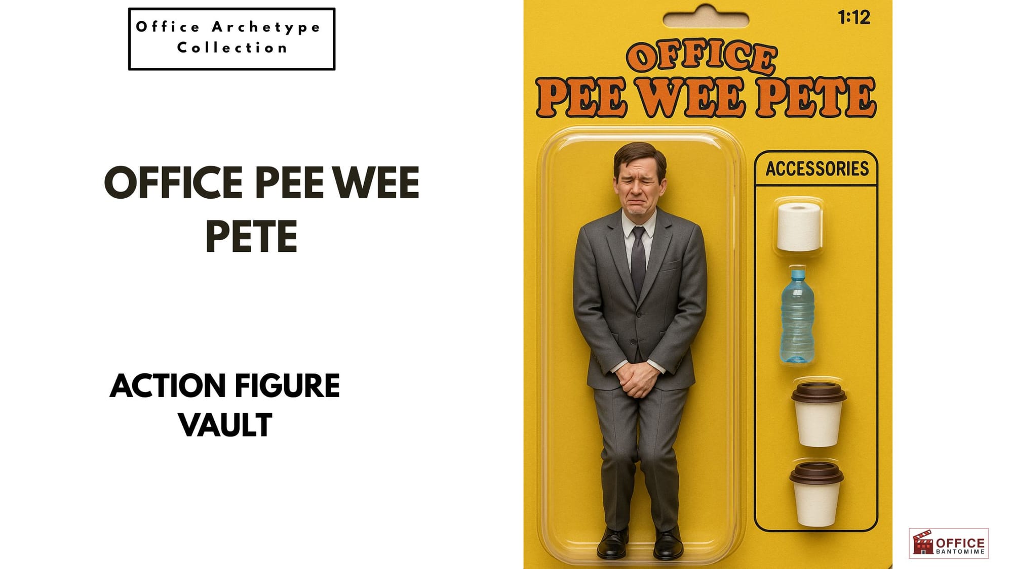 Office Pee Wee Pete action figure holding his bladder with coffee cups and water bottle accessories.