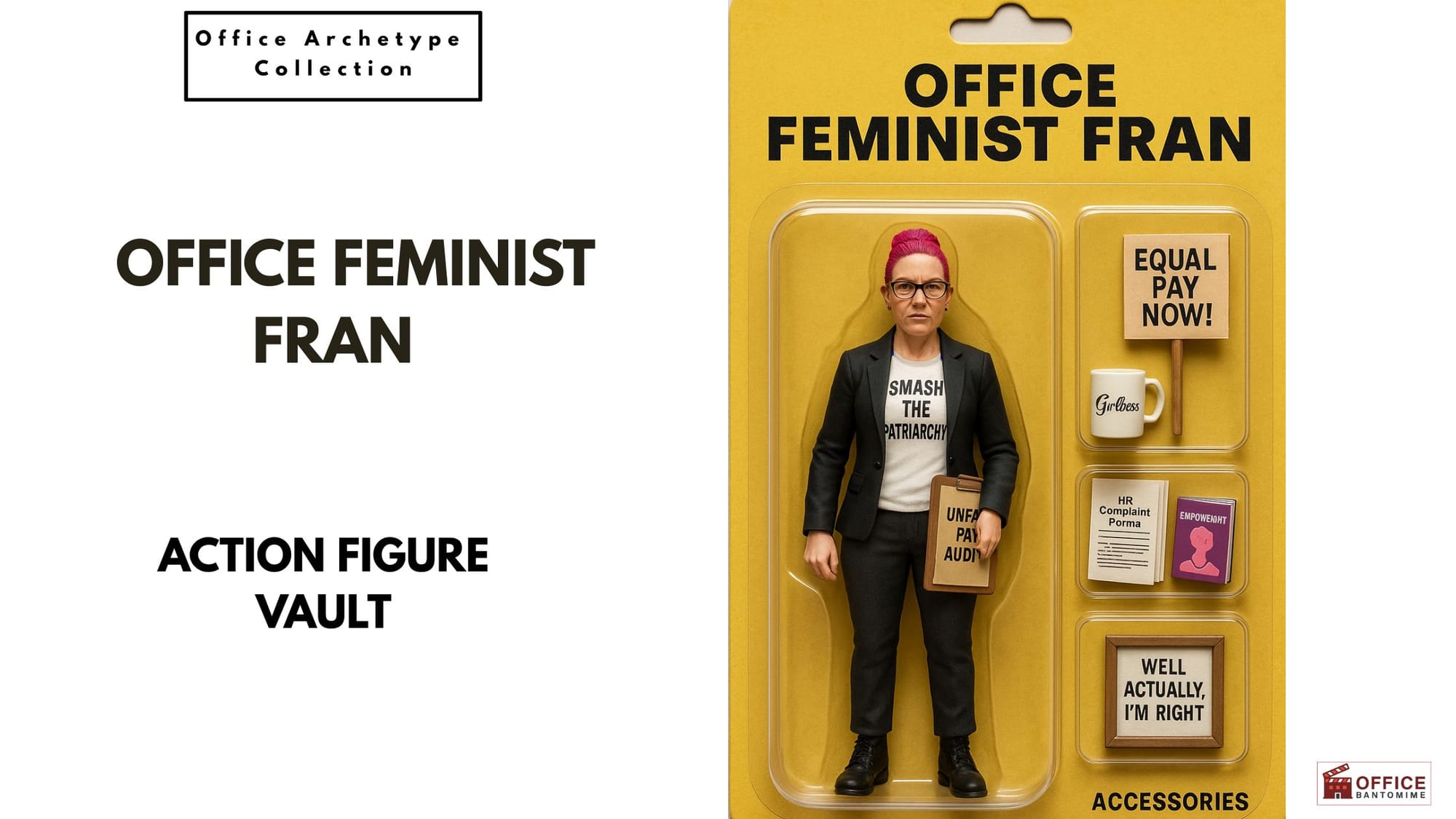 Action-figure packaging of “Office Feminist Fran,” a pink-haired office worker with protest signs, HR forms, and empowerment accessories.