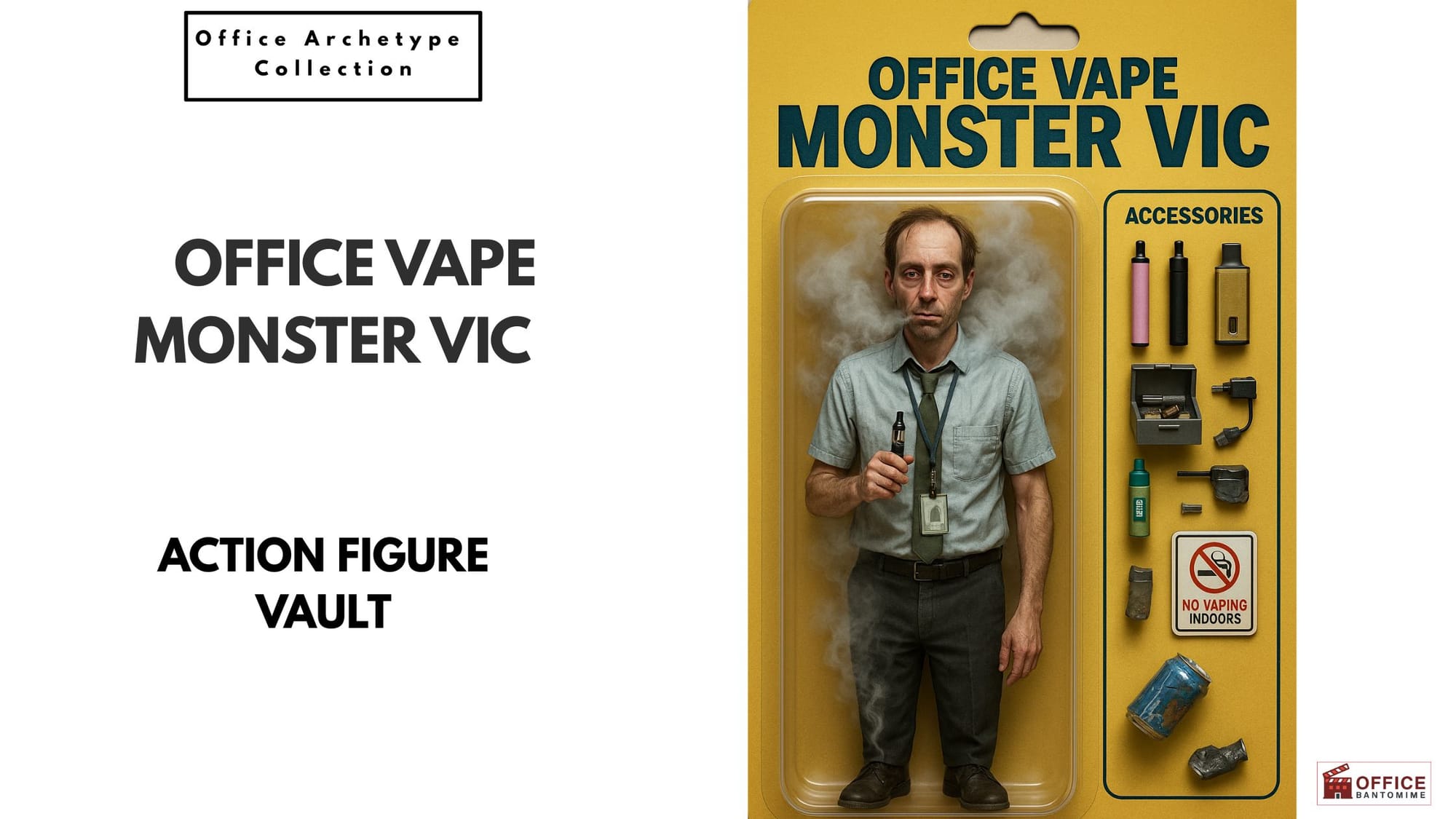 Office Vape Monster Vic action-figure packaging with vape accessories and smoke.