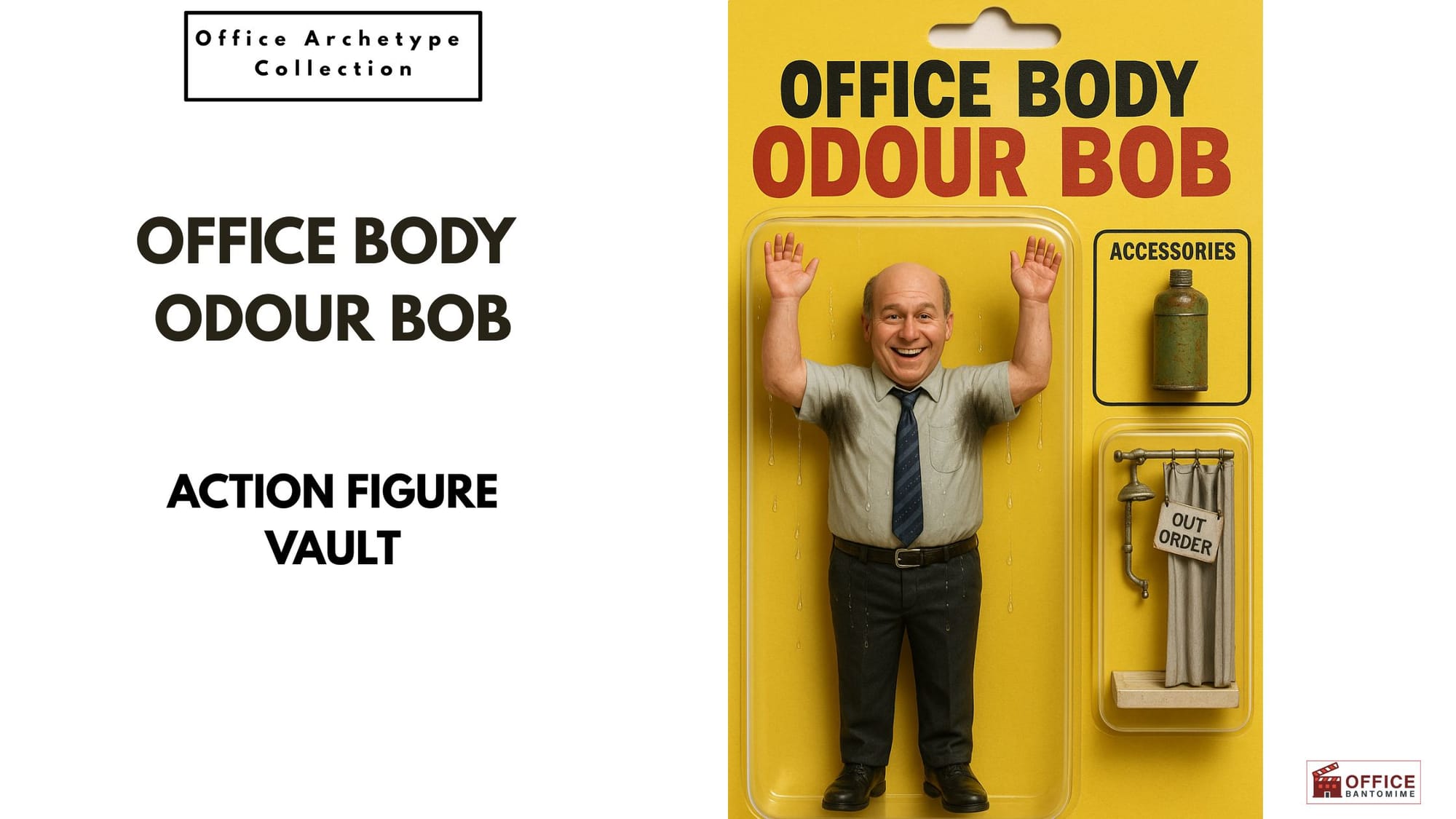 A 1:12 scale action figure called “Office Body Odour Bob” showing a sweaty office worker raising his arms, packaged with a rusty deodorant can and an out-of-order shower accessory.